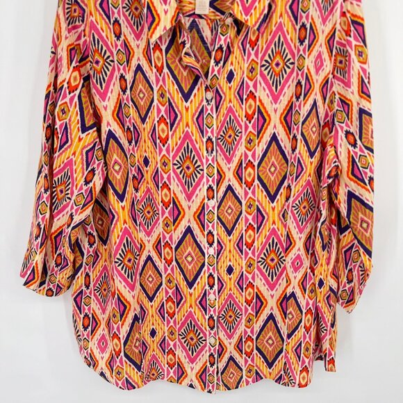 Chicos 3 Womens Ikat Linen Button-Back no iron Shirt blouse 3/4 sleeve Size XL - Picture 9 of 16